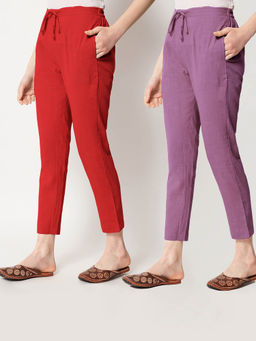 Thevasa - Classic Red and Wisteria Purple Cigarette Pants (Set of 2)
