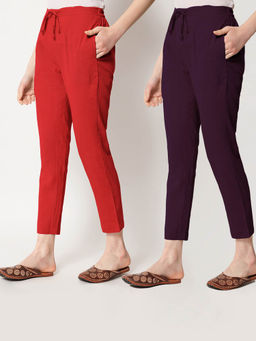 Thevasa - Classic Red and Plum Passion Cigarette Pants (Set of 2)