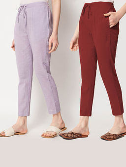 Thevasa - Lilac and Maroon Cigarette Pants (Set of 2)
