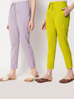 Thevasa - Lilac and Burst Of Lime Cigarette Pants (Set of 2)