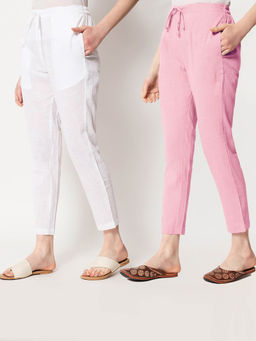 Thevasa - White and Pink Mist Cigarette Pants (Set of 2)