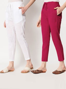 Thevasa - White and Queen's Gulabi Cigarette Pants (Set of 2)