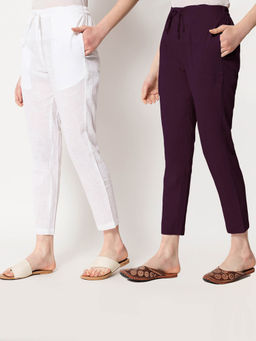 Thevasa - White and Plum Passion Cigarette Pants (Set of 2)