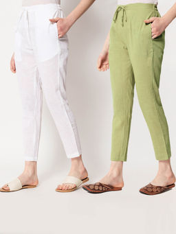 Thevasa - White and Sage Green Cigarette Pants (Set of 2)