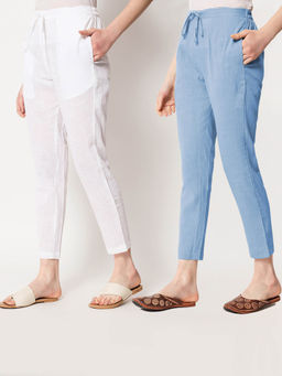 Thevasa - White and Blue Dawn Cigarette Pants (Set of 2)