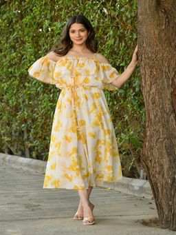 Mulmul - Aahana off-Shoulder Marbled Print Dress