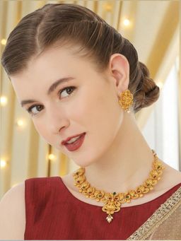 OOMPH - Antique Gold Tone Red & Green Stone Laxmi Design Necklace Set with Drop Earrings