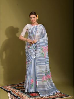 Odette - Sky Blue Linen Designer Saree with Unstitched Blouse