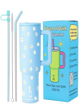 House of Quirk - 1200Ml Tumbler With Handle & Lid 2 Straws Travel Mug Water Cup Blue Daisy