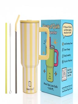 House of Quirk - 1200Ml Tumbler With Handle & Lid 2 Straws Travel Mug Water Cup Butter Stripe