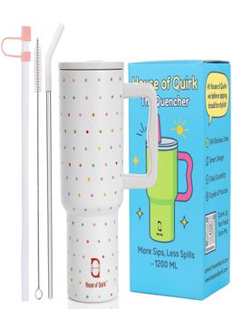 House of Quirk - 1200Ml Tumbler With Handle & Lid 2 Straws Travel Mug Water Cup Cream