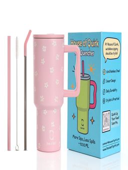 House of Quirk - 1200Ml Tumbler With Handle & Lid 2 Straws Travel Mug Water Cup Pink Daisy