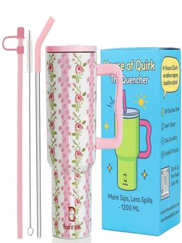 House of Quirk - 1200Ml Tumbler With Handle & Lid 2 Straws Travel Mug Water Cup Pink Petal
