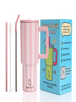 House of Quirk - 1200Ml Tumbler With Handle & Lid 2 Straws Travel Mug Water Cup Rose Stripe