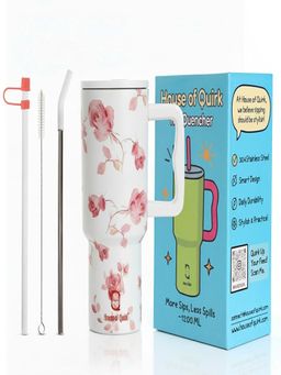 House of Quirk - 1200Ml Tumbler With Handle & Lid 2 Straws Travel Mug Water Cup Snow Rose
