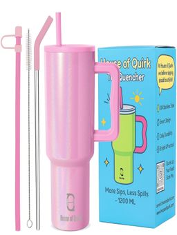 House of Quirk - 1200Ml Tumbler With Handle & Lid 2 Straws Travel Mug Water Cup - Stradust Baby Pink