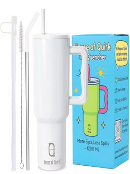 House of Quirk - 1200Ml Tumbler With Handle & Lid 2 Straws Travel Mug Water Cup Stradust White