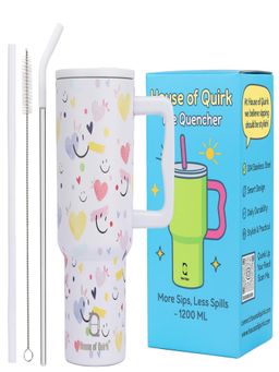 House of Quirk - 1200Ml Tumbler With Handle & Lid 2 Straws Travel Mug Water Cup White Heart