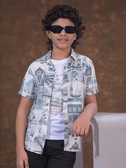CRIMSOUNE CLUB - Boys Blue Motif Print Shirt & T-Shirt Layered Look