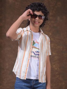 CRIMSOUNE CLUB - Boys Peach 100% Cotton Vertical Striped Shirt and T-Shirt