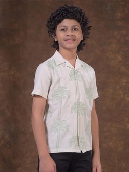 CRIMSOUNE CLUB - Boys Green Embroidered Resort-Collar Linen Shirt