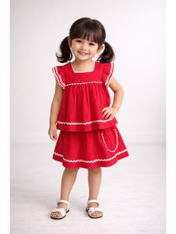 The Magic Wand - Cotton Ruffle Sleeves Ric Rac Gathered Top & Skirt - Fuchsia