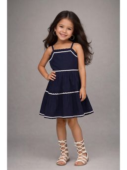 The Magic Wand - Cotton Strappy Ric Rac Tiered Knee Length Dress - Navy Blue