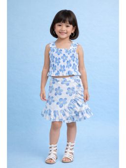 The Magic Wand - Cotton Floral Print Smocked Top & Wrap Frill Skirt - Blue