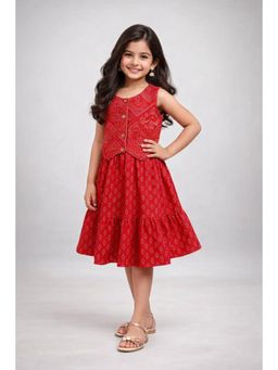 The Magic Wand - Cotton Sleeveless Bandhani Dress with Jacket- Red