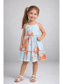 The Magic Wand - Woven Strappy Tie and Dye Ric Rac Tiered Knee Length Dress - Blue