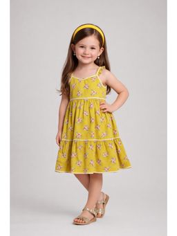 The Magic Wand - Cotton Floral Print Ric Rac Tiered Knee Length Dress - Mustard