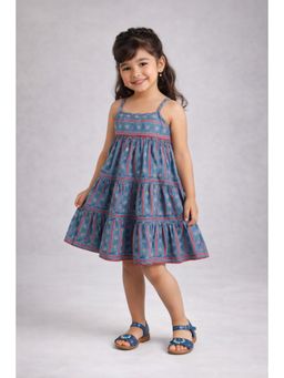 The Magic Wand - Cotton Strappy Floral Tiered Knee Length Dress - Blue