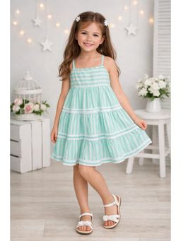 The Magic Wand - Cotton Stripes Printed Ric Rac Tiered Knee Length Dress - Mint Green