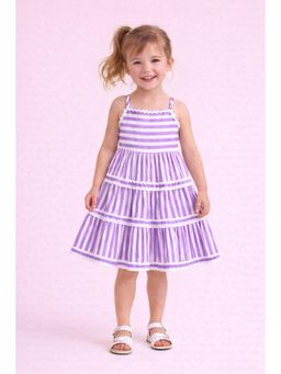 The Magic Wand - Cotton Strappy Stripes Printed Ric Rac Tiered Knee Length Dress - Purple