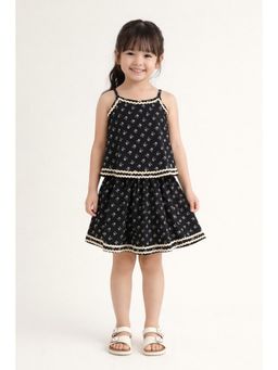 The Magic Wand - Cotton Strappy Butti Printed Ric Rac Flared Top & Skirt - Black