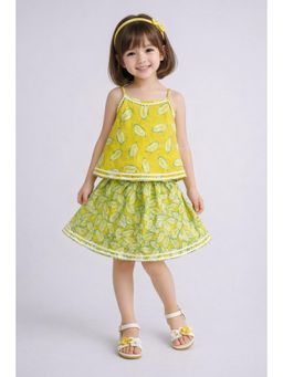 The Magic Wand - Cotton Strappy Leaf Printed Ric Rac Flared Top & Skirt - Green