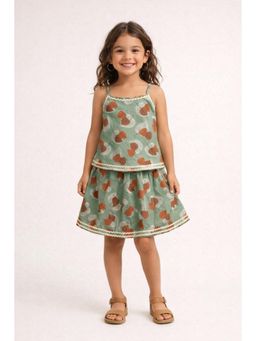 The Magic Wand - Cotton Strappy Leaf Printed Ric Rac Flared Top & Skirt - Olive Green