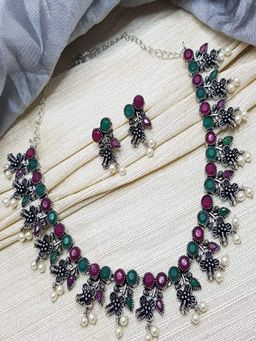 GRIIHAM - Silver Multi Colour Oxidised Necklace Set