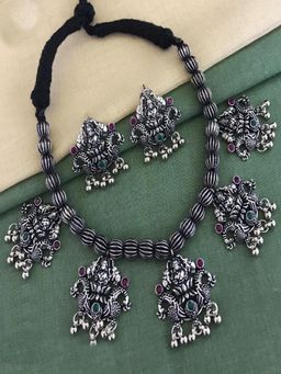 GRIIHAM - Silver Oxidised Multicolour Stone Necklace Set