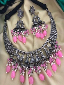 GRIIHAM - Silver Oxidised Pink Colour Stone Short Necklace Set