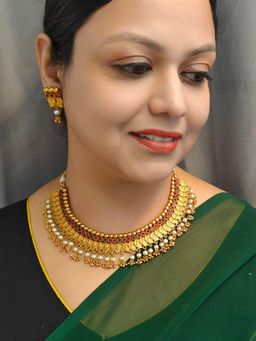 GRIIHAM - High Quality Ruby Emerald Stone Designer Short Kasu Necklace Set