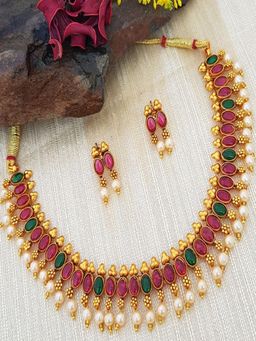 GRIIHAM - Gold Plated Elegant Green and Multi Colour Necklace Set