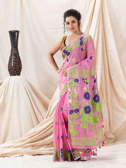 Angoshobha - Traditional Pink Floral Soft Dhakai Jamdani Saree with Unstitched Blouse