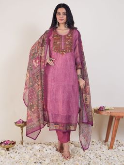 Indo Era - Women Pink Embroidered Straight Kurta with Pant and Dupatta
