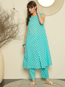 Indo Era - Women Sky Blue Polka Dot Printed A-Line Co-Ord Set