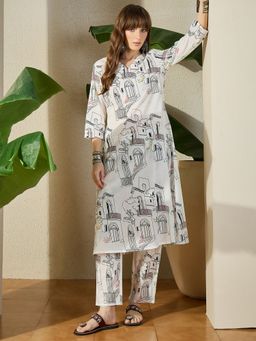Indo Era - Women White Printed A-Line Co-Ord Set