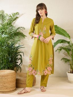 Indo Era - Women Olive Floral Embroidered Straight Kurta with Pant