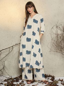 Indo Era - Women Off White-Blue Printed A-Line Co-Ord Set