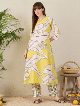 Indo Era - Women Yellow Printed A-Line Kurta with Pant