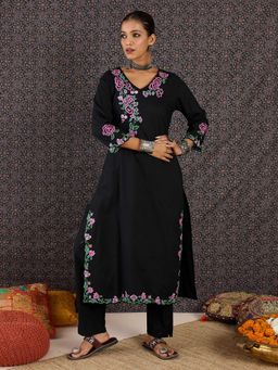 Indo Era - Women Black Floral Embroidered Straight Kurta with Pant
